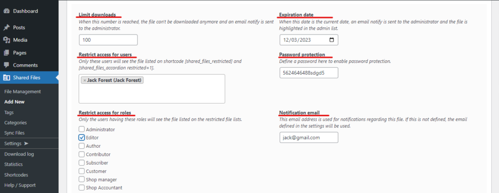 basic configuration dashboard of dowloadable files 